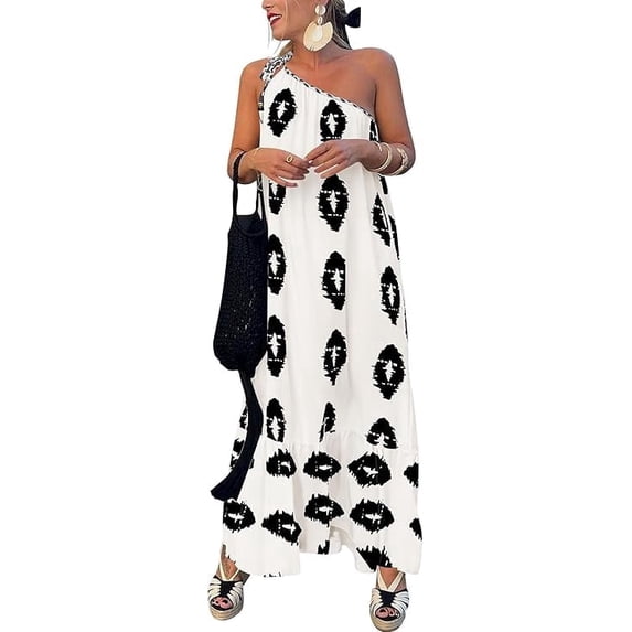 PRETTYGARDEN Women's Summer One Shoulder Maxi Dresses Printed Flowy Boho Beach Vacation Long Sundress