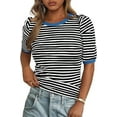 thumbnail image 1 of PRETTYGARDEN Women's Summer Puff Sleeve Tops Casual Ribbed Knit Crop Top Color Block Trendy Crewneck Striped Shirts, 1 of 10
