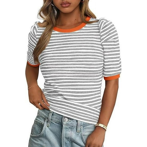 PRETTYGARDEN Women's Summer Puff Sleeve Tops Casual Ribbed Knit Crop Top Color Block Trendy Crewneck Striped Shirts
