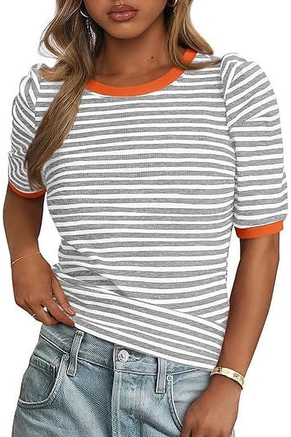 Women's Summer Puff Sleeve Tops Casual Ribbed Knit Crop Top Color Block Trendy Crewneck Striped Shirts