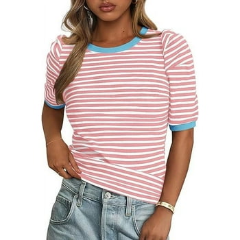 PRETTYGARDEN Women's Summer Puff Sleeve Tops Casual Ribbed Knit Crop Top Color Block Trendy Crewneck Striped Shirts