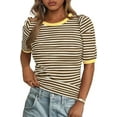 thumbnail image 1 of PRETTYGARDEN Women's Summer Puff Sleeve Tops Casual Ribbed Knit Crop Top Color Block Trendy Crewneck Striped Shirts, 1 of 10