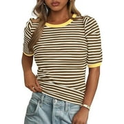 Women's Summer Puff Sleeve Tops Casual Ribbed Knit Crop Top Color Block Trendy Crewneck Striped Shirts