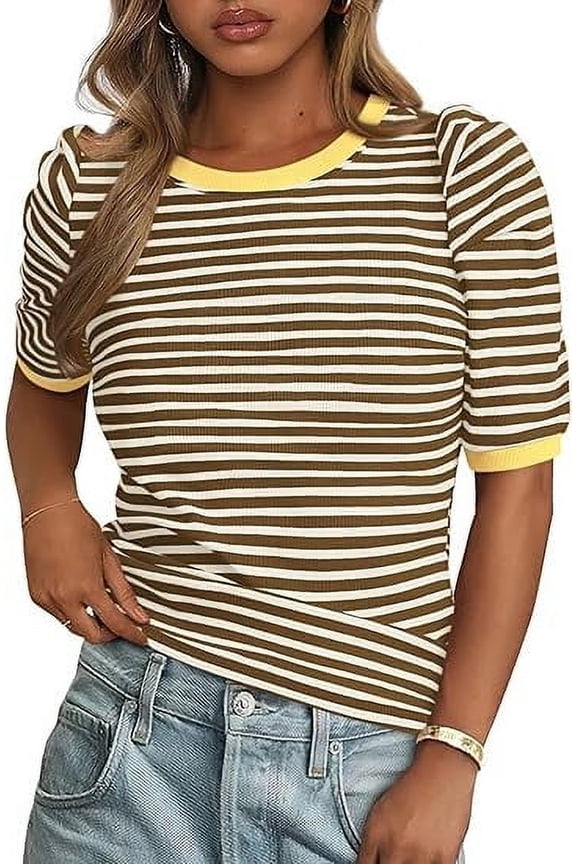 Women's Summer Puff Sleeve Tops Casual Ribbed Knit Crop Top Color Block Trendy Crewneck Striped Shirts