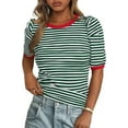 thumbnail image 1 of PRETTYGARDEN Women's Summer Puff Sleeve Tops Casual Ribbed Knit Crop Top Color Block Trendy Crewneck Striped Shirts, 1 of 10