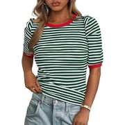 PRETTYGARDEN Women's Summer Puff Sleeve Tops Casual Ribbed Knit Crop Top Color Block Trendy Crewneck Striped Shirts