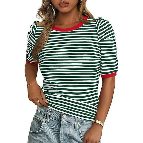 PRETTYGARDEN Women's Summer Puff Sleeve Tops Casual Ribbed Knit Crop Top Color Block Trendy Crewneck Striped Shirts