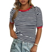 PRETTYGARDEN Women's Summer Puff Sleeve Tops Casual Ribbed Knit Crop Top Color Block Trendy Crewneck Striped Shirts