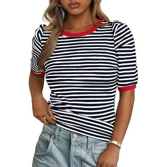 PRETTYGARDEN Women's Summer Puff Sleeve Tops Casual Ribbed Knit Crop Top Color Block Trendy Crewneck Striped Shirts