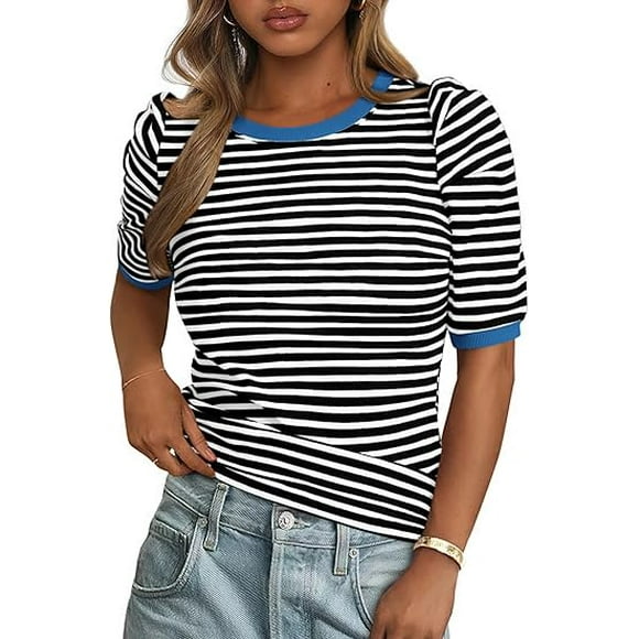PRETTYGARDEN Women's Summer Puff Sleeve Tops Casual Ribbed Knit Crop Top Color Block Trendy Crewneck Striped Shirts