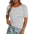 thumbnail image 1 of PRETTYGARDEN Women's Summer Puff Sleeve Tops Casual Ribbed Knit Crop Top Color Block Trendy Crewneck Striped Shirts, 1 of 10