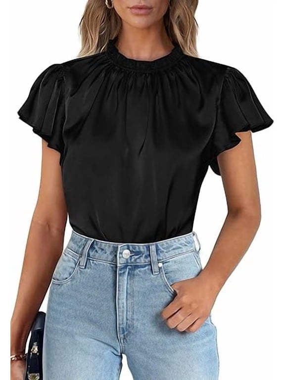 Business Casual Tops for Women Blouses Summer Short Sleeve Ruffle Satin Work Office Attire