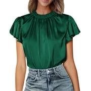 PRETTYGARDEN Women's Summer Satin Blouse Shirt Dressy Casual Ruffle Short Sleeve Crewneck Work Party Tops
