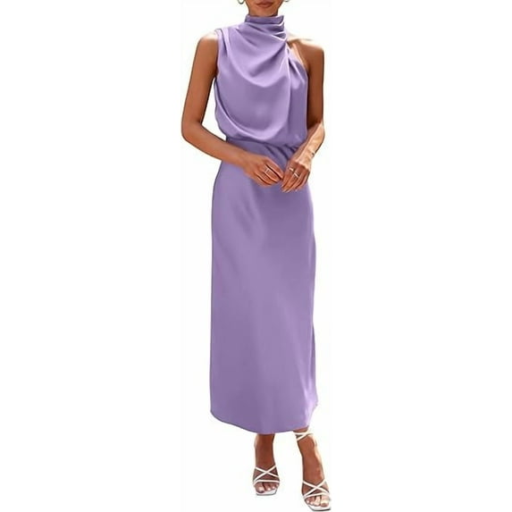 PRETTYGARDEN Women's Satin Dress Elegant Sleeveless Mock Neck Cocktail Party Maxi Dresses