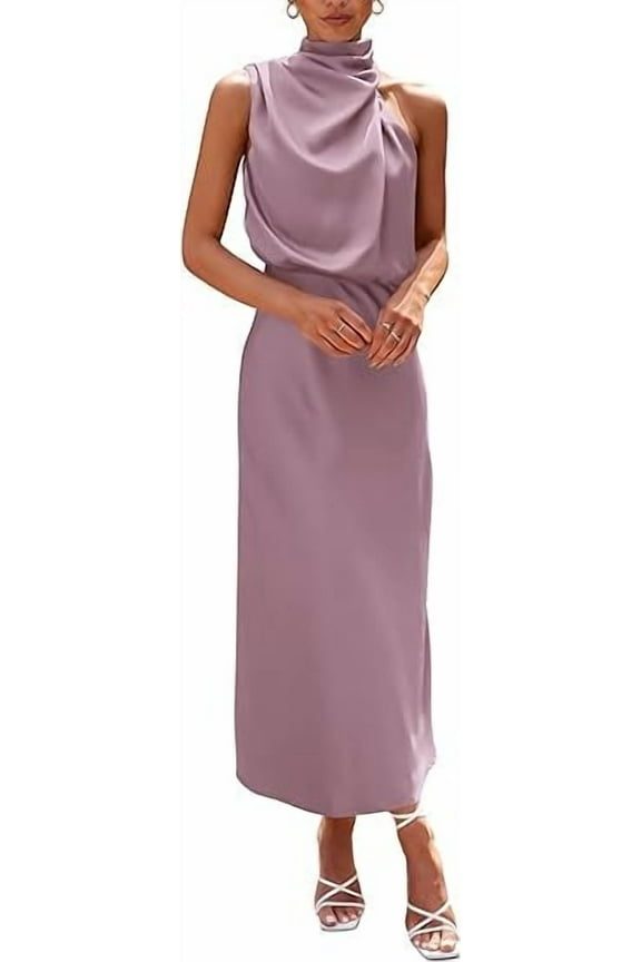 Women's Satin Dress Elegant Sleeveless Mock Neck Cocktail Party Maxi Dresses