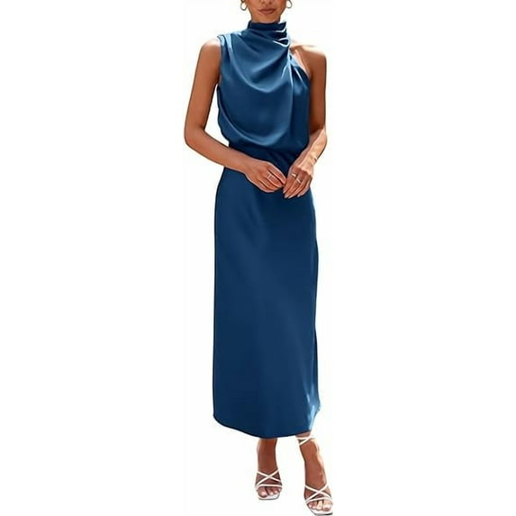 PRETTYGARDEN Women's Satin Dress Elegant Sleeveless Mock Neck Cocktail Party Maxi Dresses