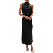 PRETTYGARDEN Women's Satin Dress Elegant Sleeveless Mock Neck Cocktail Party Maxi Dresses