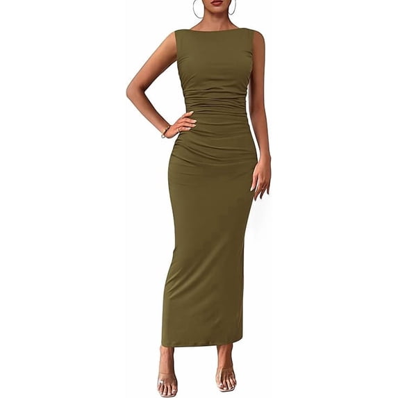 PRETTYGARDEN Women's Summer Semi Formal Midi Dresses Sleeveless Ruched Bodycon Long Elegant Cocktail Wedding Guest Dress