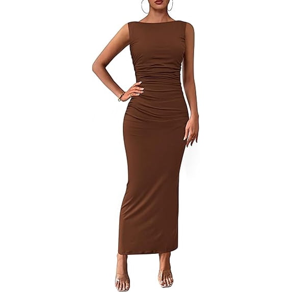 PRETTYGARDEN Women's Summer Semi Formal Midi Dresses Sleeveless Ruched Bodycon Long Elegant Cocktail Wedding Guest Dress