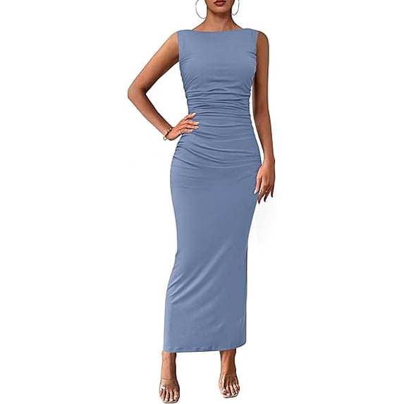 PRETTYGARDEN Women's Summer Semi Formal Midi Dresses Sleeveless Ruched Bodycon Long Elegant Cocktail Wedding Guest Dress