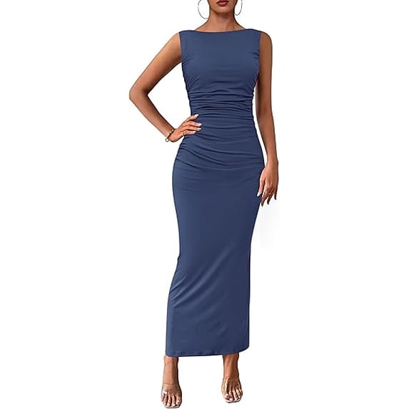 PRETTYGARDEN Women's Summer Semi Formal Midi Dresses Sleeveless Ruched Bodycon Long Elegant Cocktail Wedding Guest Dress