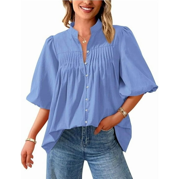 PRETTYGARDEN Women's Summer Short Lantern Sleeve Tops Loose Fit Button Down Shirt Casual Pleated V Neck Blouses