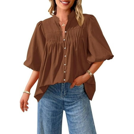 PRETTYGARDEN Women's Summer Short Lantern Sleeve Tops Loose Fit Button Down Shirt Casual Pleated V Neck Blouses