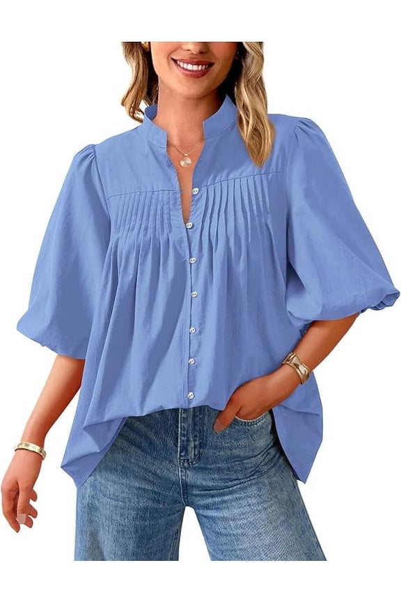 Women's Summer Short Lantern Sleeve Tops Loose Fit Button Down Shirt Casual Pleated V Neck Blouses