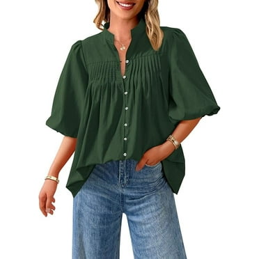 PRETTYGARDEN Women's Summer Short Lantern Sleeve Tops Loose Fit Button Down Shirt Casual Pleated V Neck Blouses