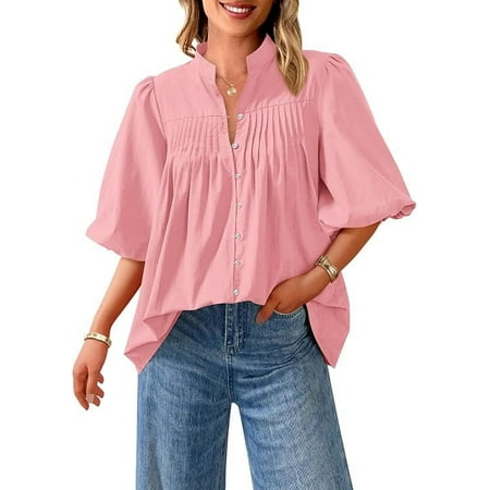 PRETTYGARDEN Women's Summer Short Lantern Sleeve Tops Loose Fit Button Down Shirt Casual Pleated V Neck Blouses