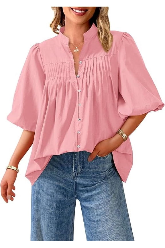 Women's Summer Short Lantern Sleeve Tops Loose Fit Button Down Shirt Casual Pleated V Neck Blouses