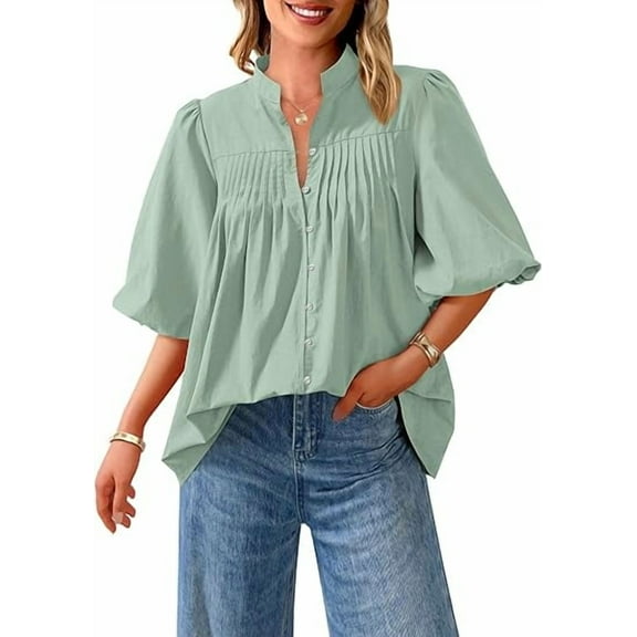 PRETTYGARDEN Women's Summer Short Lantern Sleeve Tops Loose Fit Button Down Shirt Casual Pleated V Neck Blouses