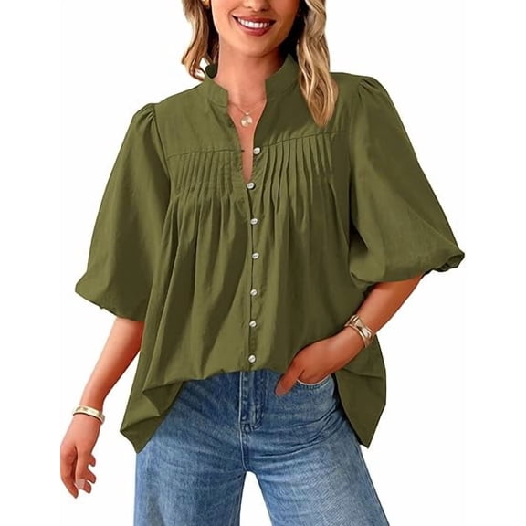 PRETTYGARDEN Women's Summer Short Lantern Sleeve Tops Loose Fit Button Down Shirt Casual Pleated V Neck Blouses