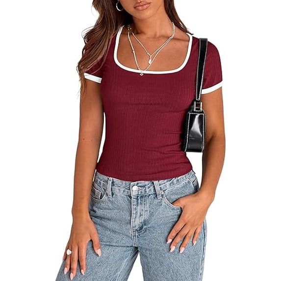 PRETTYGARDEN Women's Summer Short Sleeve T Shirts Ribbed Knit Square Neck Color Block Slim Fit Basic Casual Crop Tops Blouses