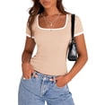 thumbnail image 1 of PRETTYGARDEN Women's Summer Short Sleeve T Shirts Ribbed Knit Square Neck Color Block Slim Fit Basic Casual Crop Tops Blouses, 1 of 9