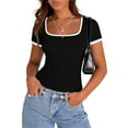 thumbnail image 1 of PRETTYGARDEN Women's Summer Short Sleeve T Shirts Ribbed Knit Square Neck Color Block Slim Fit Basic Casual Crop Tops Blouses, 1 of 9