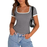 PRETTYGARDEN Women's Summer Short Sleeve T Shirts Ribbed Knit Square Neck Color Block Slim Fit Basic Casual Crop Tops Blouses