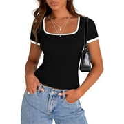 PRETTYGARDEN Women's Summer Short Sleeve T Shirts Ribbed Knit Square Neck Color Block Slim Fit Basic Casual Crop Tops Blouses