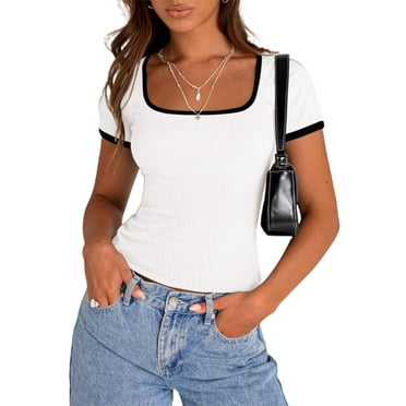 PRETTYGARDEN Women's Summer Short Sleeve T Shirts Ribbed Knit Square Neck Color Block Slim Fit Basic Casual Crop Tops Blouses