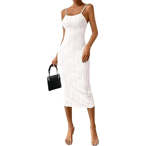 PRETTYGARDEN Women's Summer Sleeveless Bodycon Dress Textured Back Slit Sexy Cocktail Party Midi Dresses