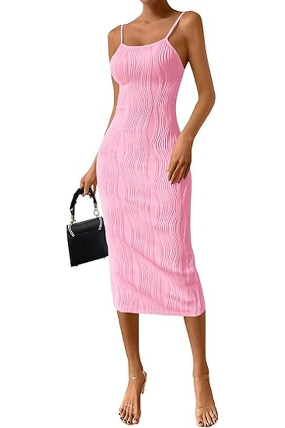 Women's Summer Sleeveless Bodycon Dress Textured Back Slit Sexy Cocktail Party Midi Dresses