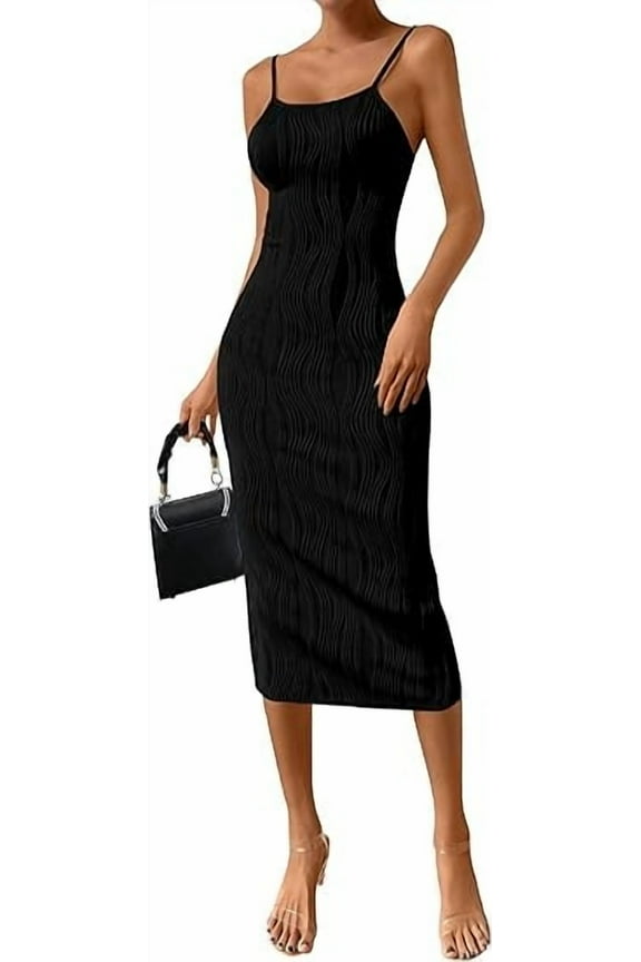 Women's Summer Sleeveless Bodycon Dress Textured Back Slit Sexy Cocktail Party Midi Dresses