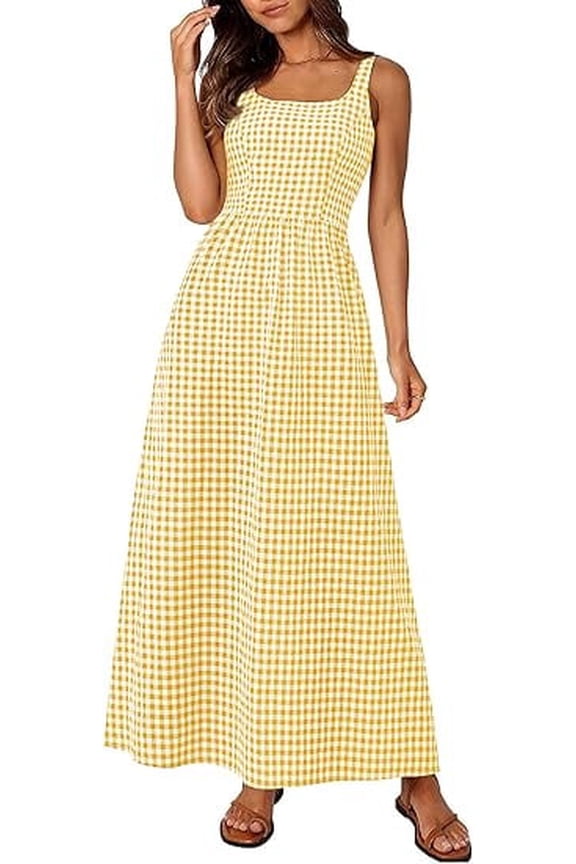 Women's Summer Spaghetti Strap Maxi Dresses Plaid Square Neck A Line Casual Beach Vacation Long Sundress