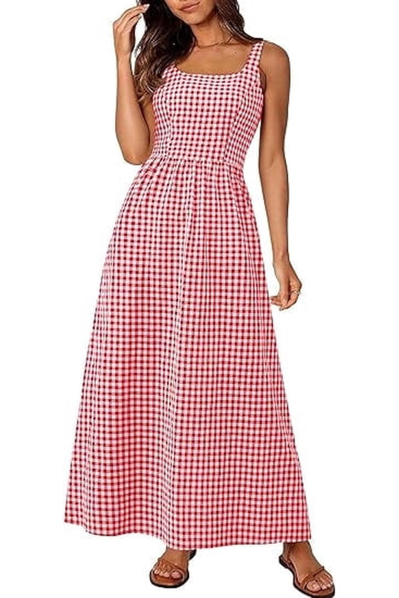 Women's Summer Spaghetti Strap Maxi Dresses Plaid Square Neck A Line Casual Beach Vacation Long Sundress