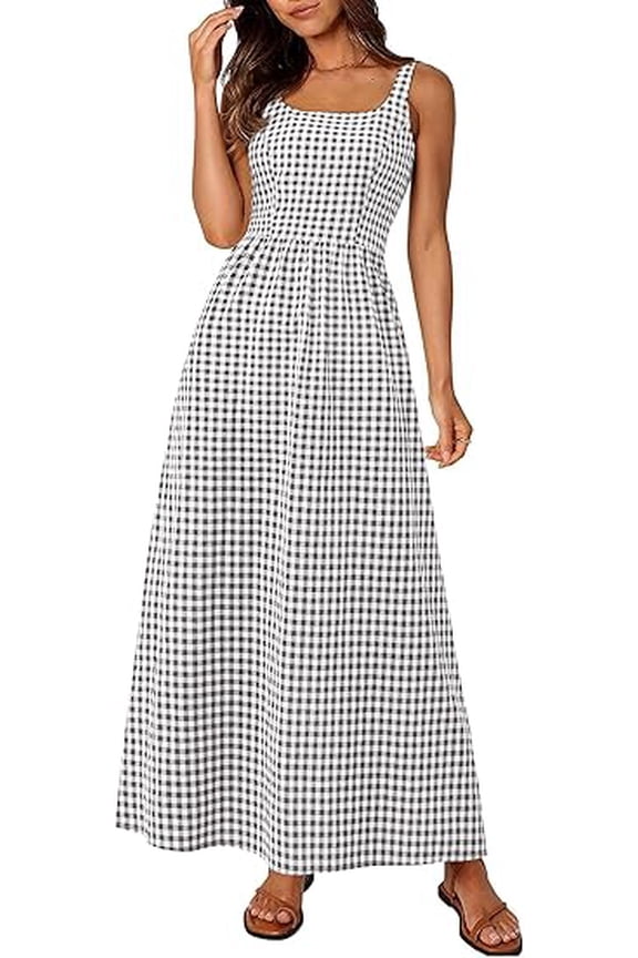 Women's Summer Spaghetti Strap Maxi Dresses Plaid Square Neck A Line Casual Beach Vacation Long Sundress