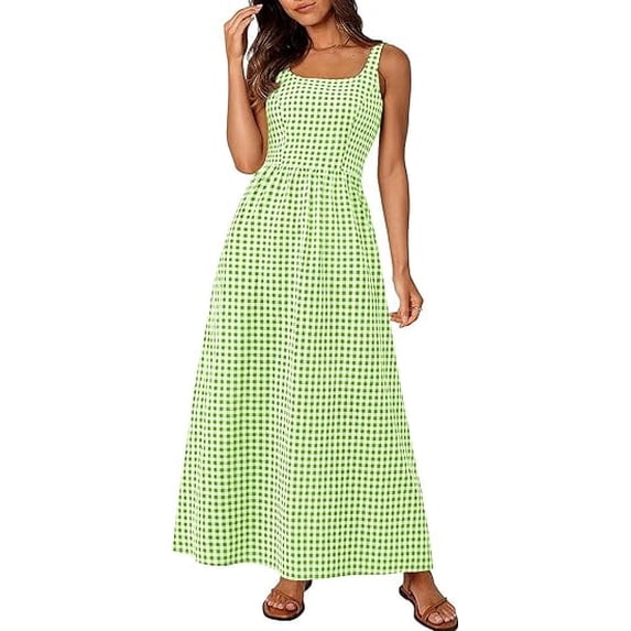 PRETTYGARDEN Women's Summer Spaghetti Strap Maxi Dresses Plaid Square Neck A Line Casual Beach Vacation Long Sundress