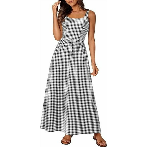 PRETTYGARDEN Women's Summer Spaghetti Strap Maxi Dresses Plaid Square Neck A Line Casual Beach Vacation Long Sundress
