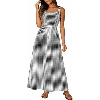 PRETTYGARDEN Women's Summer Spaghetti Strap Maxi Dresses Plaid Square Neck A Line Casual Beach Vacation Long Sundress
