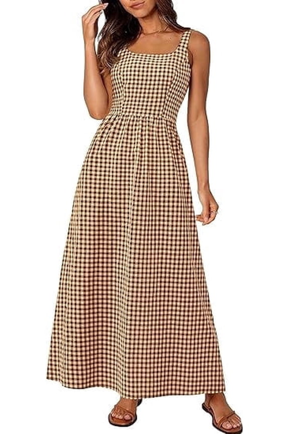 Women's Summer Spaghetti Strap Maxi Dresses Plaid Square Neck A Line Casual Beach Vacation Long Sundress