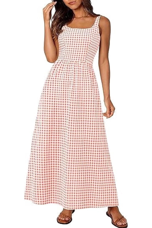 Women's Summer Spaghetti Strap Maxi Dresses Plaid Square Neck A Line Casual Beach Vacation Long Sundress